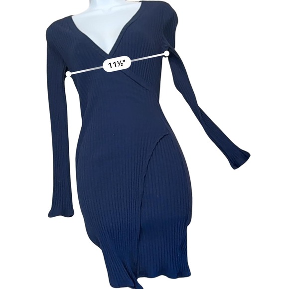 Navy Ribbed Wrap Bodycon Dress Long Sleeve Charlotte Russe Womens S USA - Picture 9 of 10
